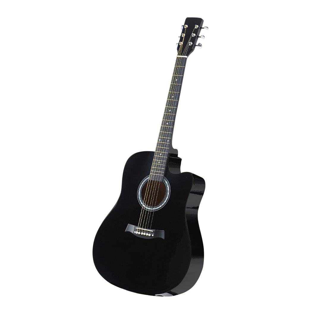 BoPeep 38 Inch Wooden Folk Acoustic Guitar with a sleek black finish and cutaway design, showcasing its laminated linden body and Eco-Rosewood fingerboard.